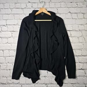 Talbots Black Ruffle Open Knit Cardigan 100% Italian Merino Wool Sweater Medium